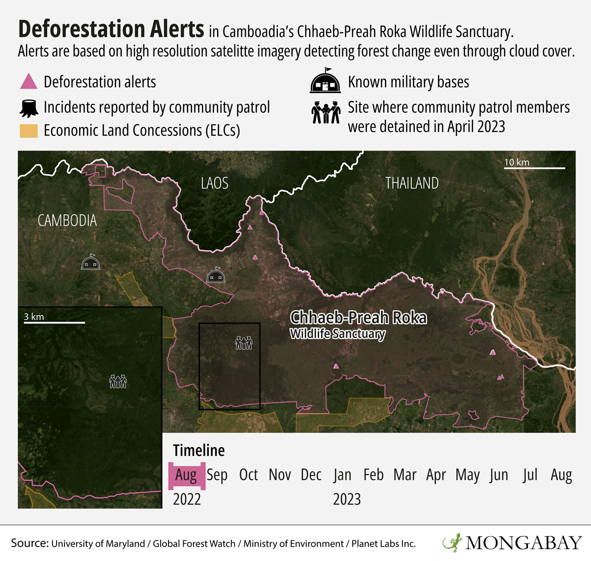 This timelapse shows the discrepancies between deforestation alerts detected by satellite and freshly cut tree stumps documented by community patrols within Chhaeb-Preah Roka Wildlife Sanctuary. Image by Andrés Alegría / Mongabay.