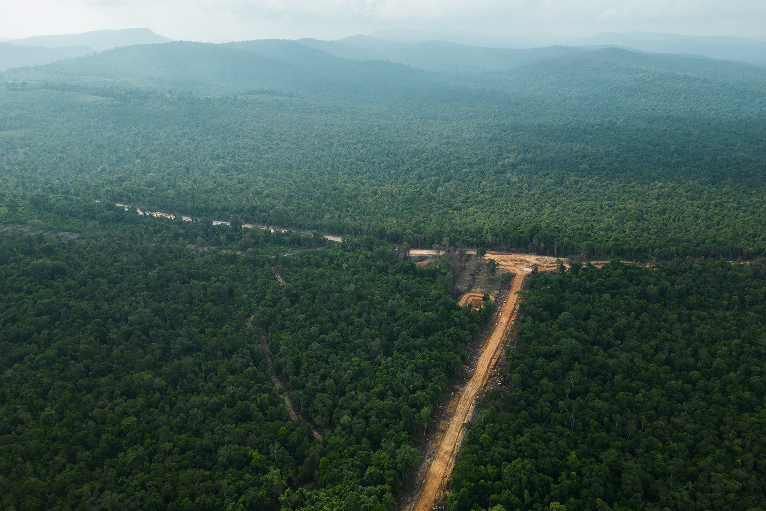 Aerial shot of the demarcation boundary of Royal Group's new 9,968-hectare (24,631-acre) concession in Botum Sakor National Park, June 2023. 