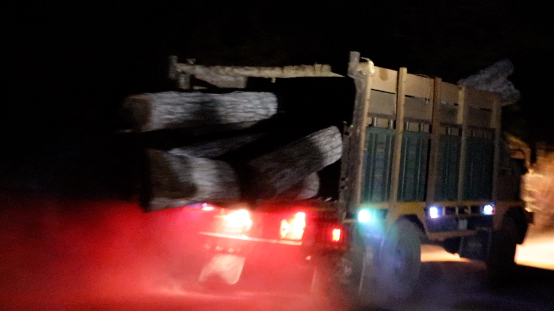 In March 2023, this timber truck was spotted transporting what appear to be logs illegally harvested from Prey Lang Wildlife Sanctuary to Think Biotech's concession. Image by Ma Chettra.