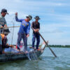 Fishers pull in nets on Tonle Sap Lake in Cambodia