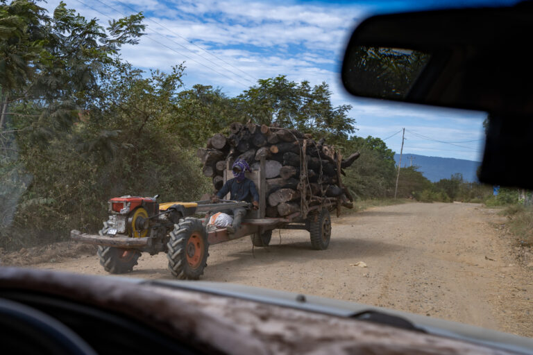 A man drives a koy-yun loaded with logs through Choam village in Kampong Speu province, Cambodia. Credit: Andy Ball/Mongabay.