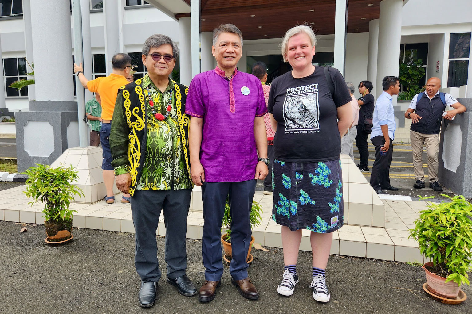 Court observers Boyce Ngau, Giovanni Reyes and Jenny Weber in front of the Miri High Court.