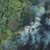 Composite image. Left: Amazon rainforest - photo credit: Rhett A. Butler. Right: Burning forest in the Brazilian Amazon - image credit: Greenpeace