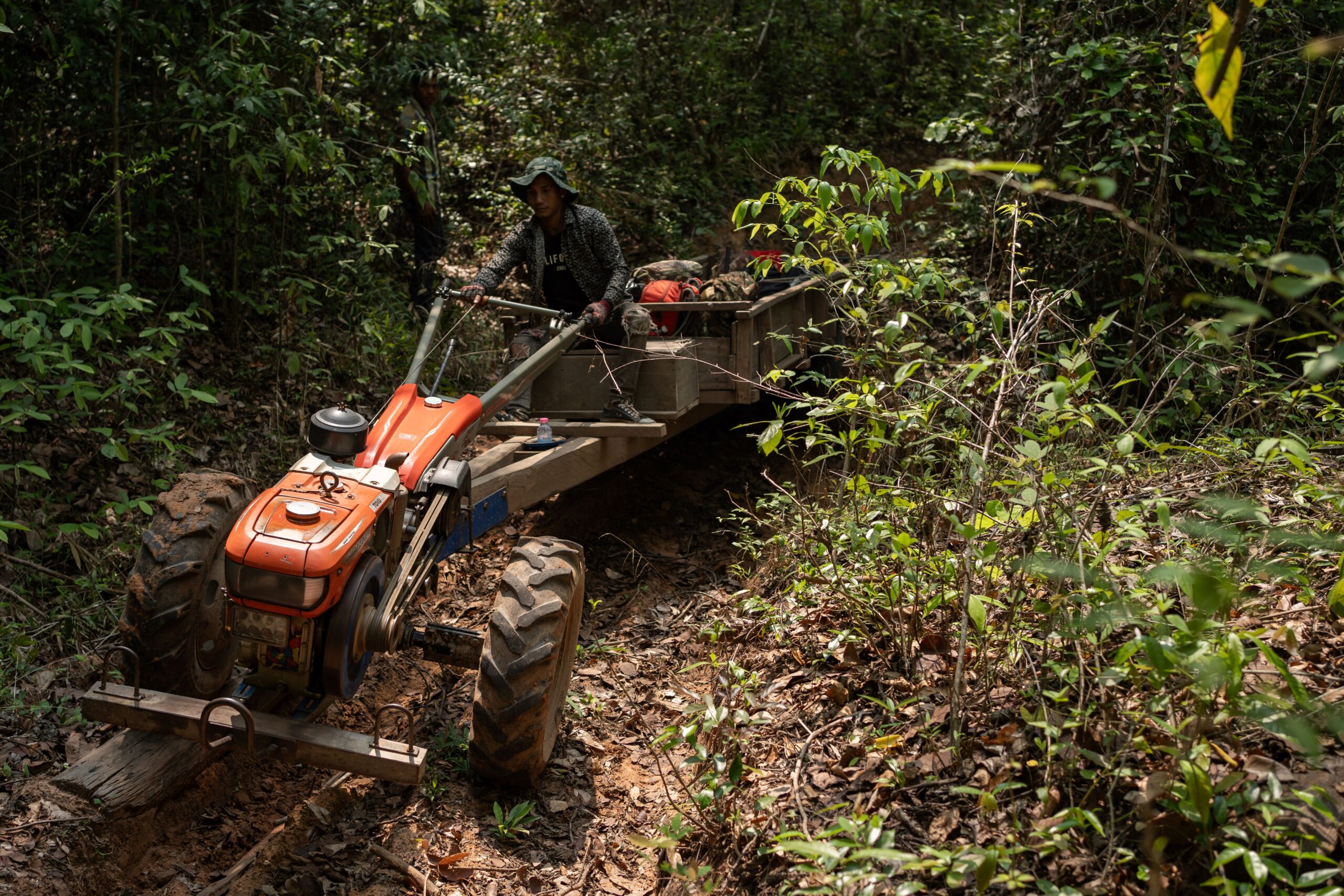 A member of the Prey Preah Roka Community Network leads the patrol convoy, carrying supplies on a koy-yun. Image by Andy Ball / Mongabay.
