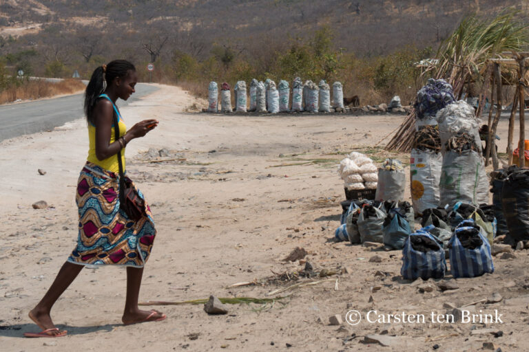 A woman in a yellow top and bright multicoloured wrapper, smiling as she walks across sandy verge of a paved road to where blue and white bags of dark black charcoal have been set on the ground near Praça das Mangueiras, in southwestern Angola. In the background, more charcoal in tall white sacks. Image by Carsten Ten Brink via Flickr (BY NC-ND 2.0)