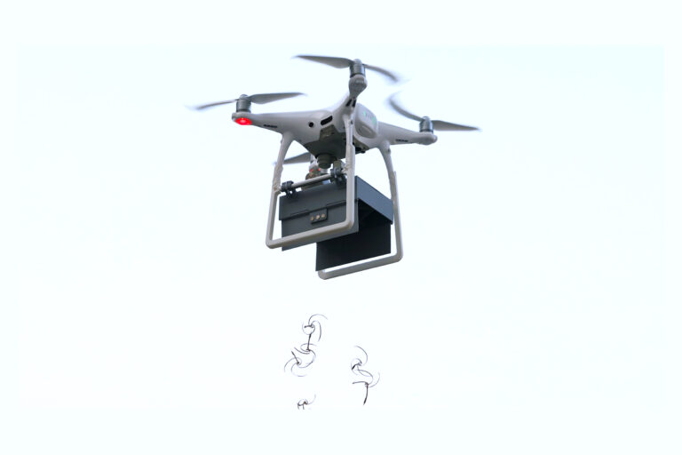 Drone carrying self-burying seed carriers .