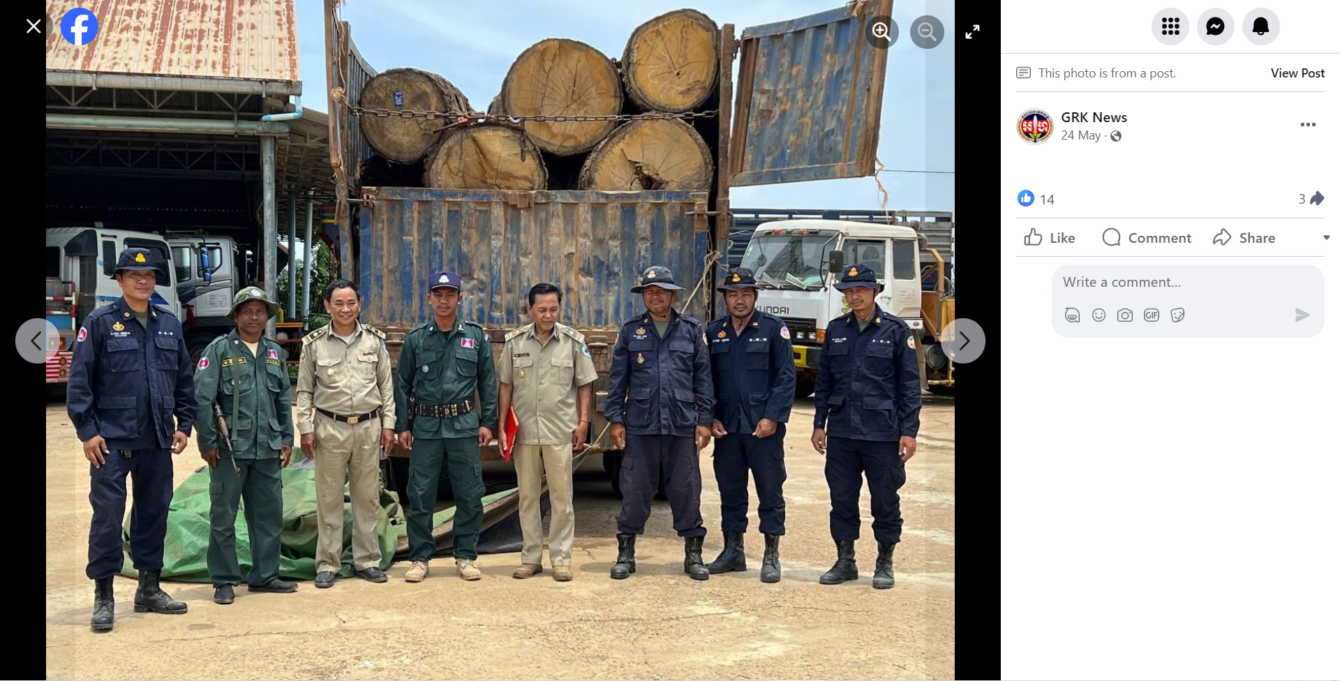 On May 24, 2023, the Cambodian Gendarmerie uploaded images of a timber truck seized inside the Think Biotech concession during this year's crackdown. Image supplied.