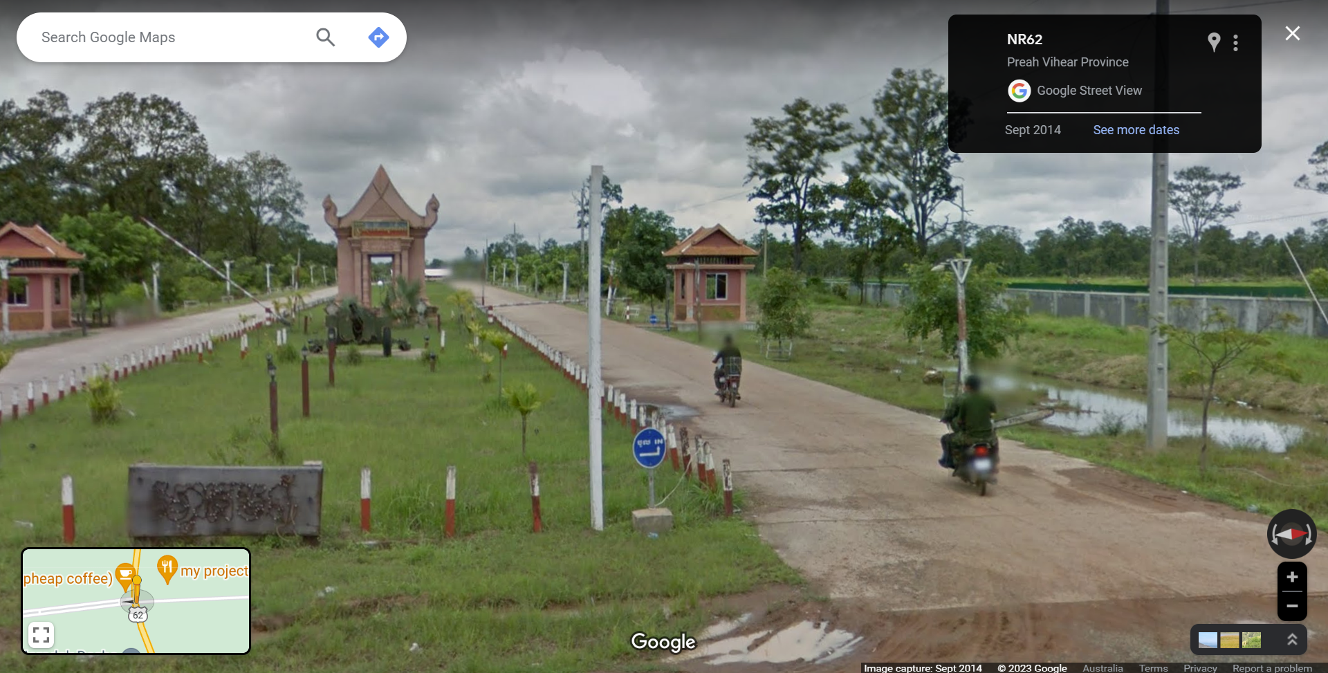 The extent of the Cambodian military's involvement in illegal logging throughout Chhaeb-Preah Roka Wildlife Sanctuary is anecdotally highlighted by this image captured by Google Street View in 2014 showing a soldier carrying a chainsaw returning to their base nearby the protected forest. Image by Google Street View.